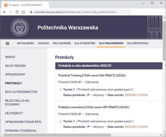 Protokoły zaliczenia przedmiotów PRACT i PRAKT