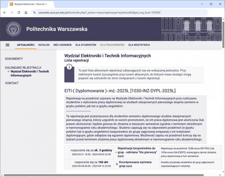 Praca dyplomowa inzynierska - zapisy na przedmioty 2025L