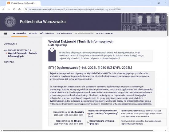 Praca dyplomowa inzynierska - zapisy na przedmioty 2025L