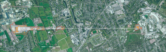 Widok obiektu z lotu ptaka pokazujący lokalizację budynków tunelowych w obszarze miejskim Hamburga (www.nature.com/articles/s41566-020-0607-z/figures/1)