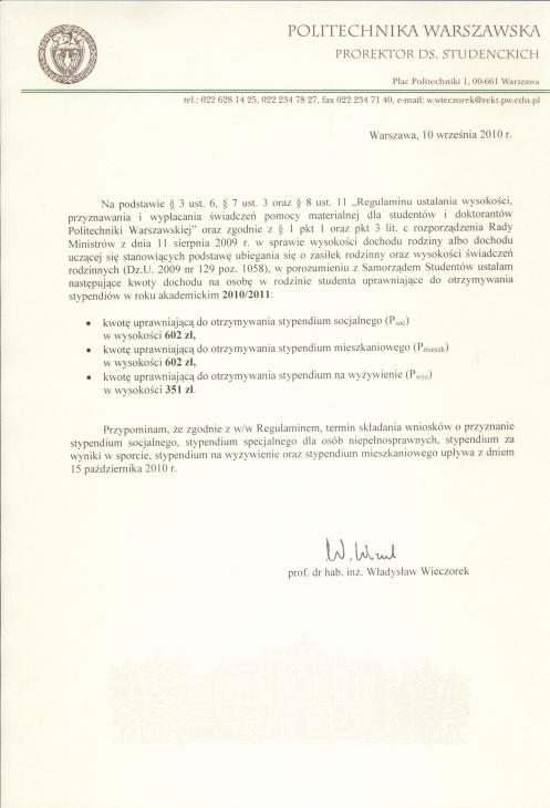 Kwoty dochodu uprawniające do stypendiów w roku 2010/2011
