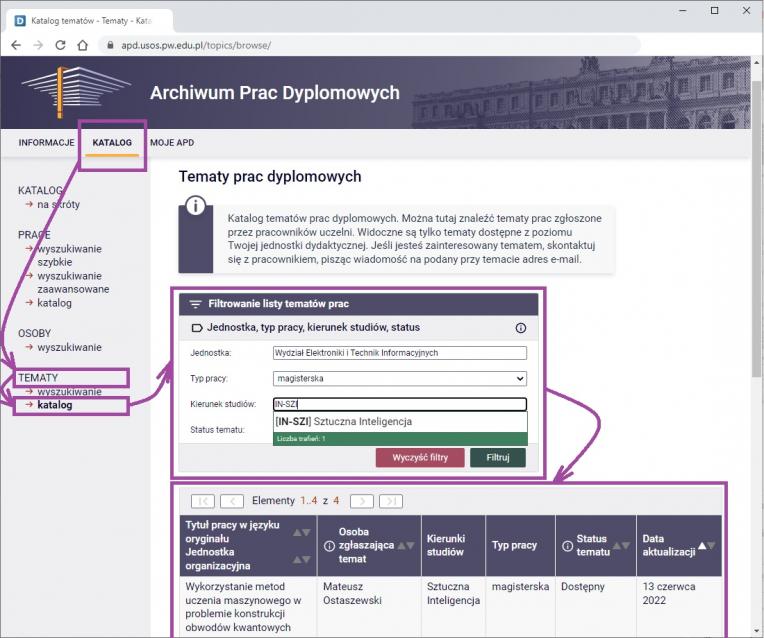 Filtrowanie tematów prac dyplomowych