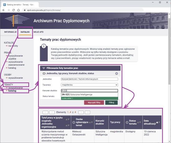 Filtrowanie tematów prac dyplomowych