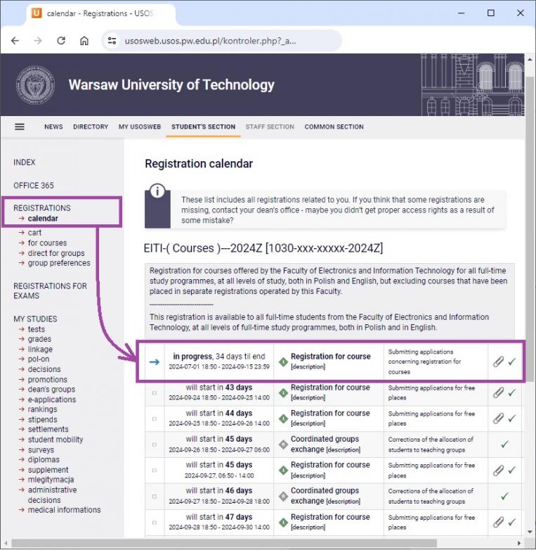 Registration calendar